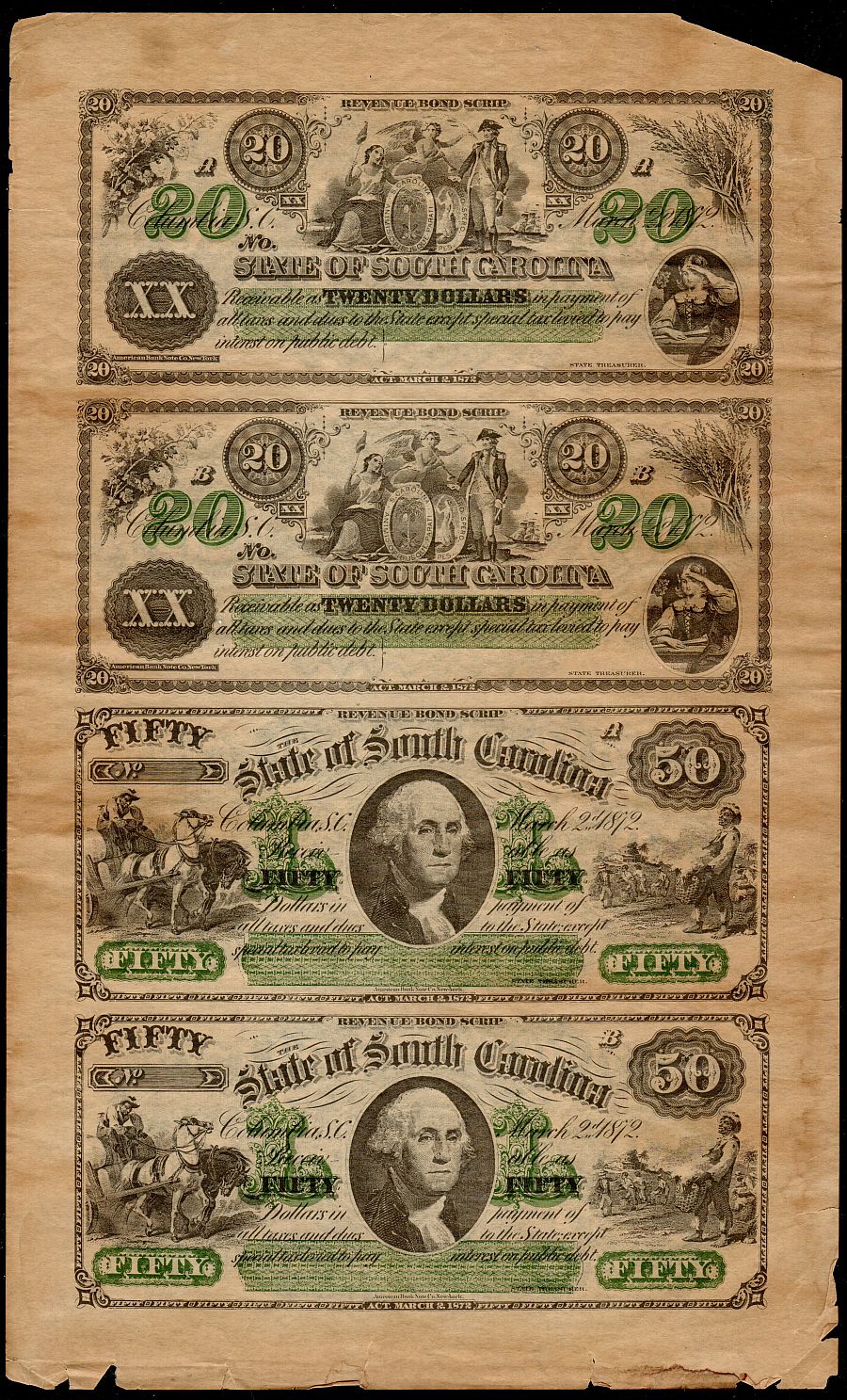 Columbia, South Carolina Revenue Bond Scrip Sheet, 1872 $20-$20-$50-$50, Remainder